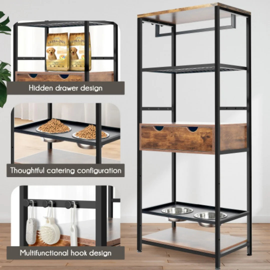 Elevated Dog Feeding Station With Adjustable Bowls And Storage Cabinet