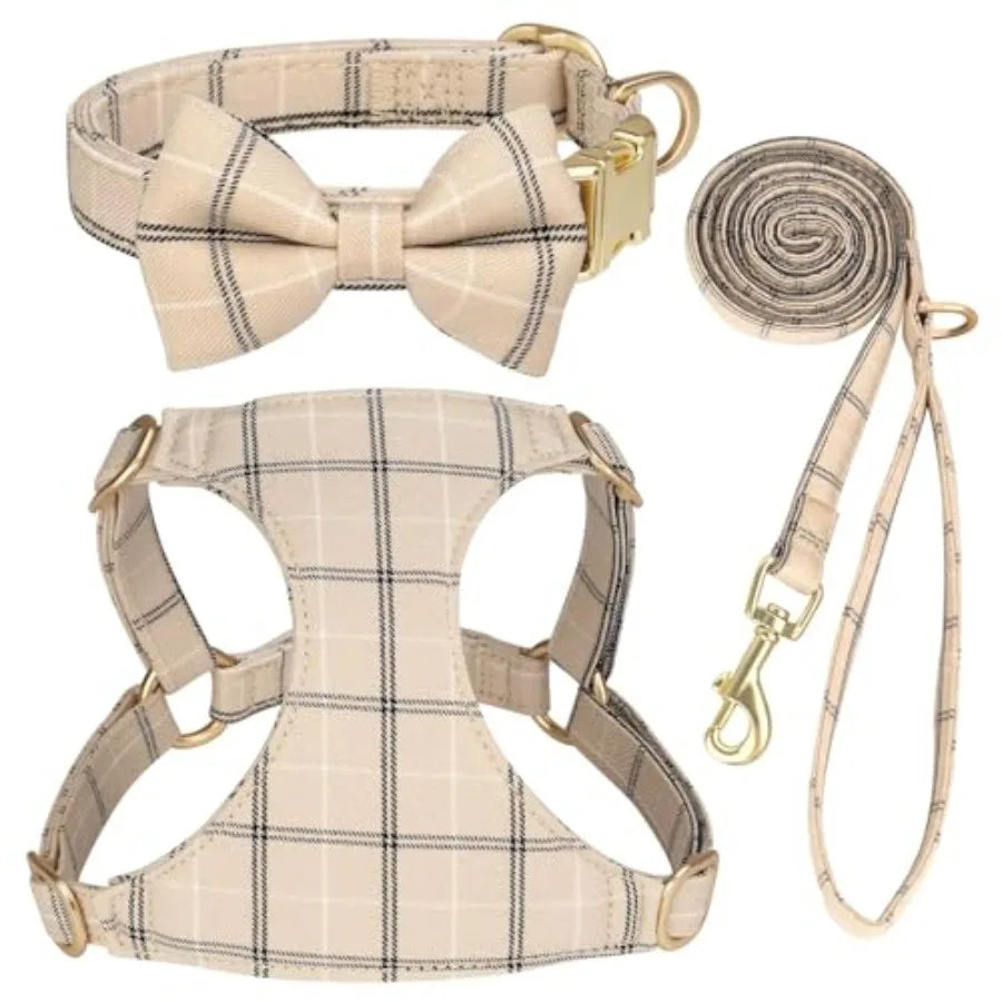 Adjustable Dog Harness Collar And Leash Set With Bowtie