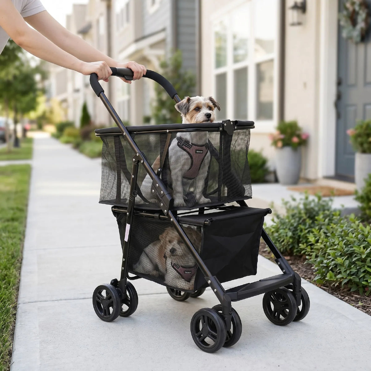 Cat Dog Pet Stroller Folding Shopping Cart 110LBS Load Capacity Detachable Hand Basket 2-Layer 360° Swivel Wheels with Brakes