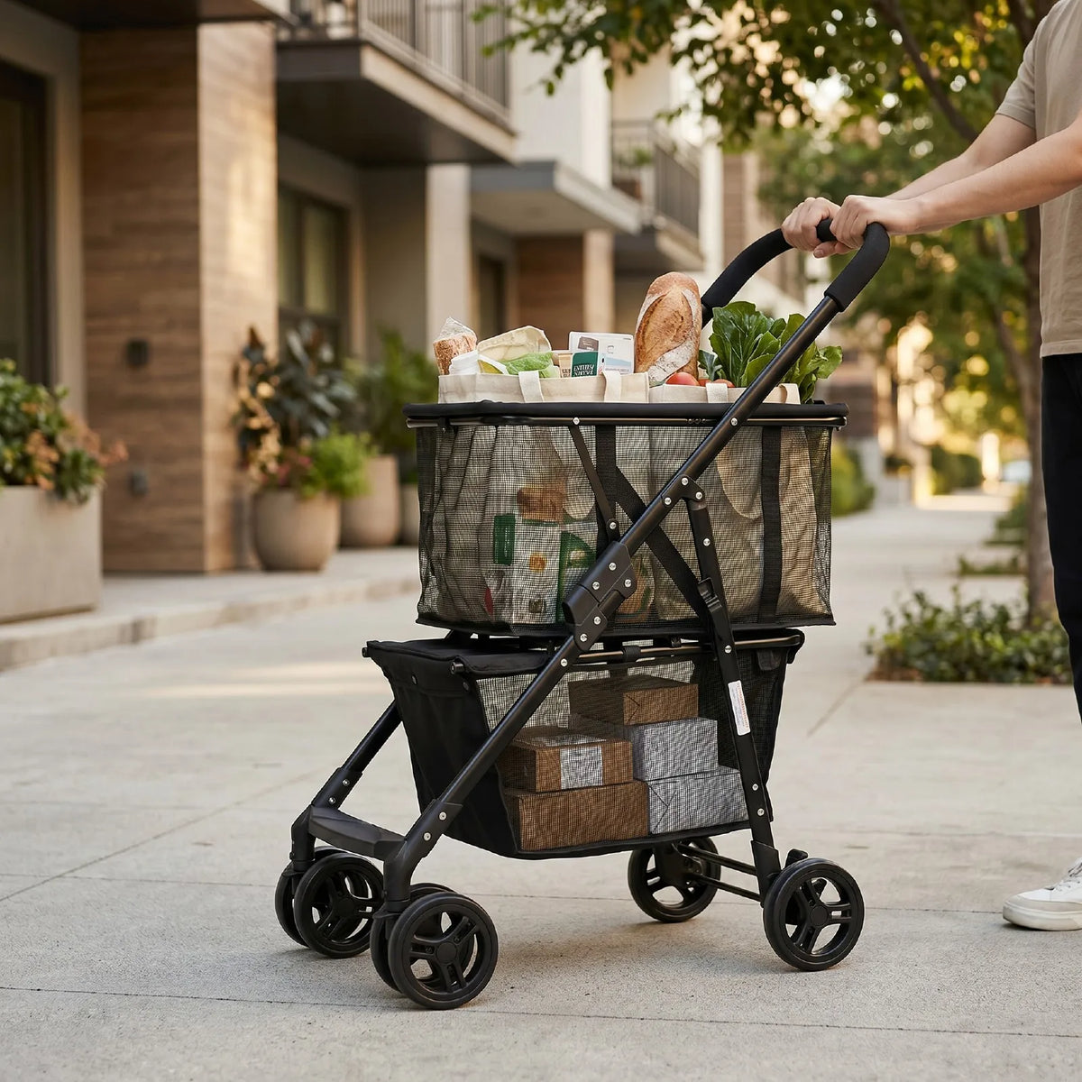 Cat Dog Pet Stroller Folding Shopping Cart 110LBS Load Capacity Detachable Hand Basket 2-Layer 360° Swivel Wheels with Brakes