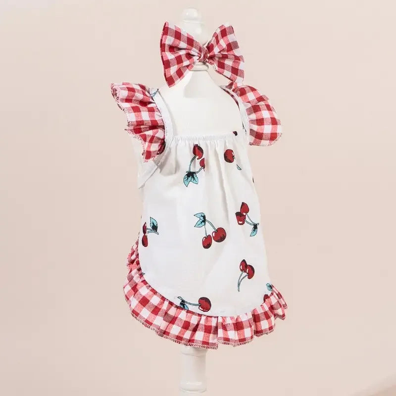 Printed Plaid Pet Dress With Bow, Elastic Mesh Princess Costume