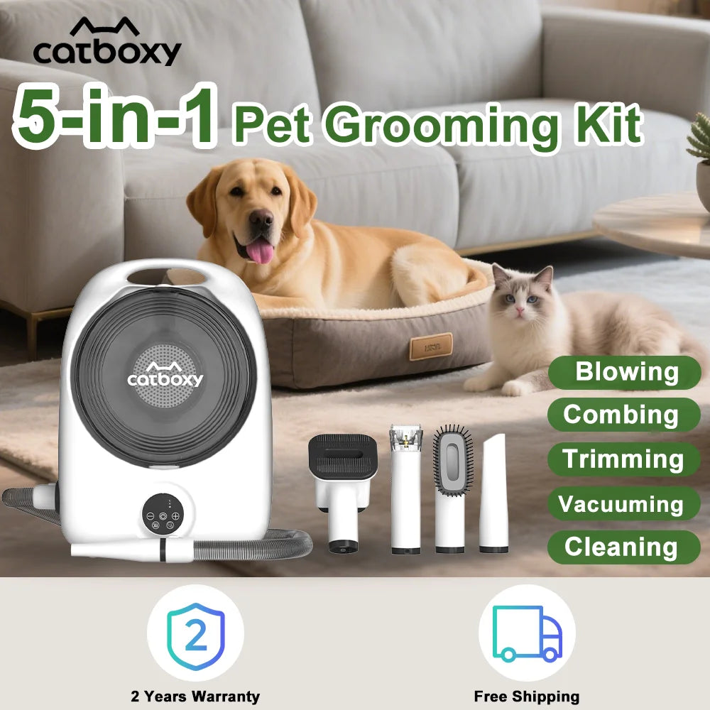Pet Grooming Kit Cat/Dog Hair Vacuum with 2.5L Large Capacity,5 in 1 Professional Pet Blow&Suction Machine with 5 Blow Settings and 3 Suction Level, Low Noise Pet Hair Cleaner for All Hair Type