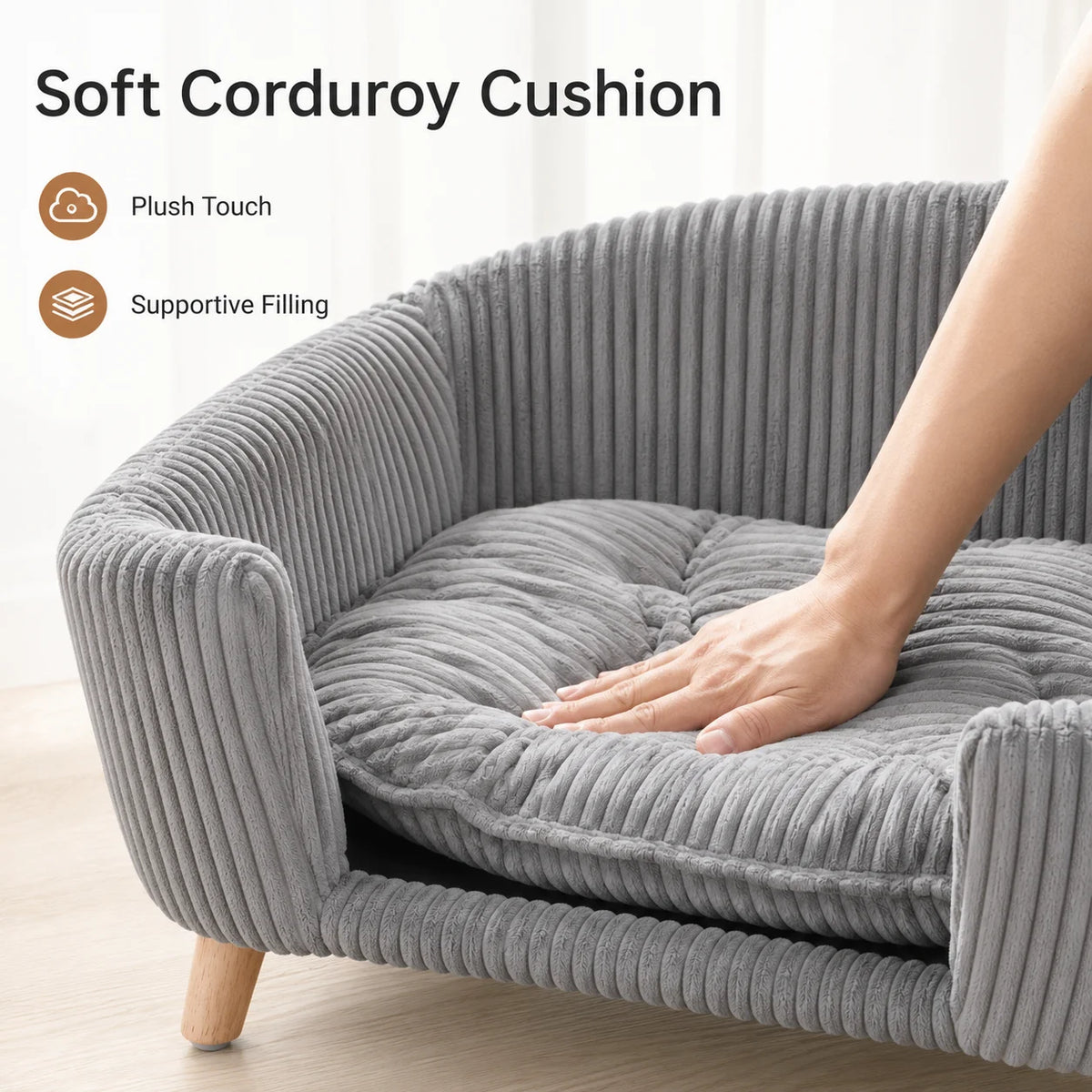 Elevated Corduroy Pet Sofa Bed With Rubber Wood Legs