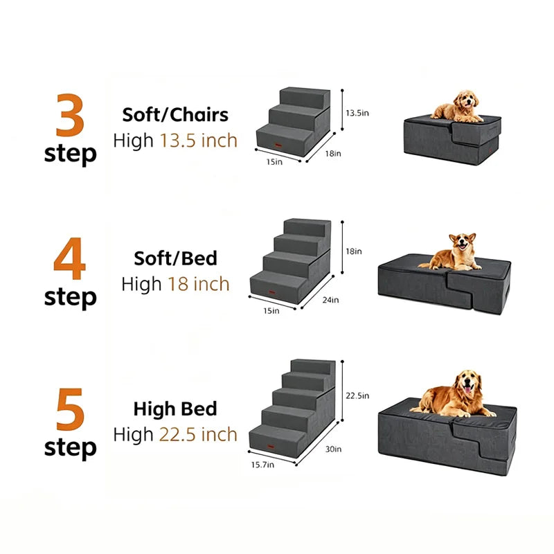 3/4/5 Steps Foldable Dog Stairs for Small & Medium Dogs, High-Density Foam Non-Slip Indoor Pet Steps for Bed, Sofa & Chair, Washable Removable Cover