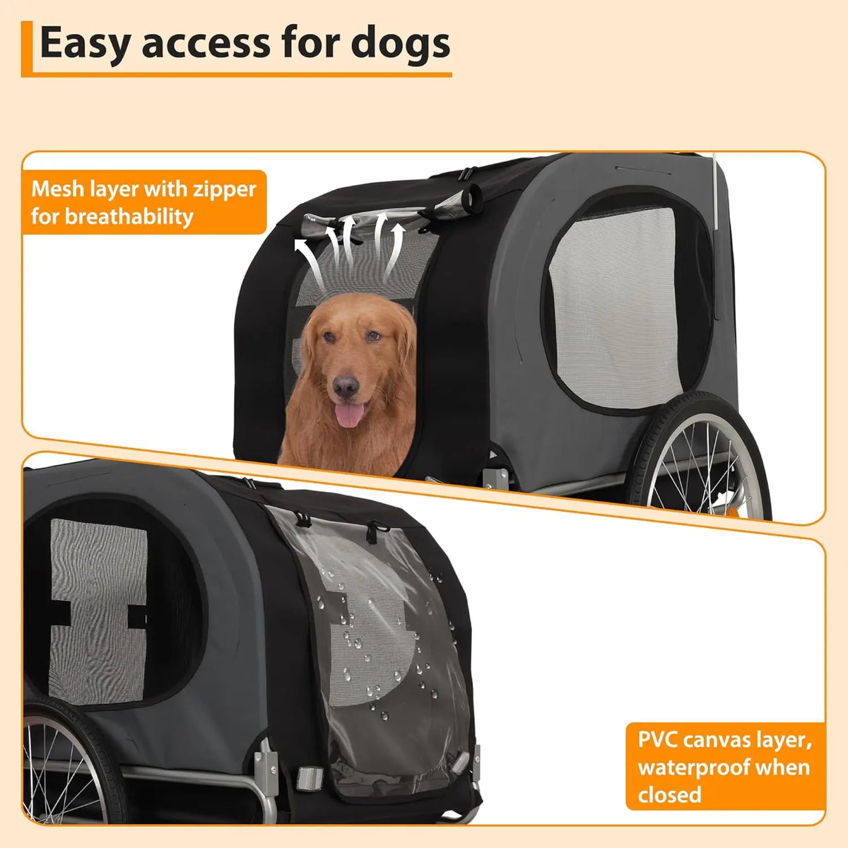 Dog Bike Trailer & Jogging Stroller, Collapsible Frame for Medium/Large Dogs up to 88lbs - Ventilated, Waterproof, Quick-Release Aluminum Wheels, Compatible Hitch