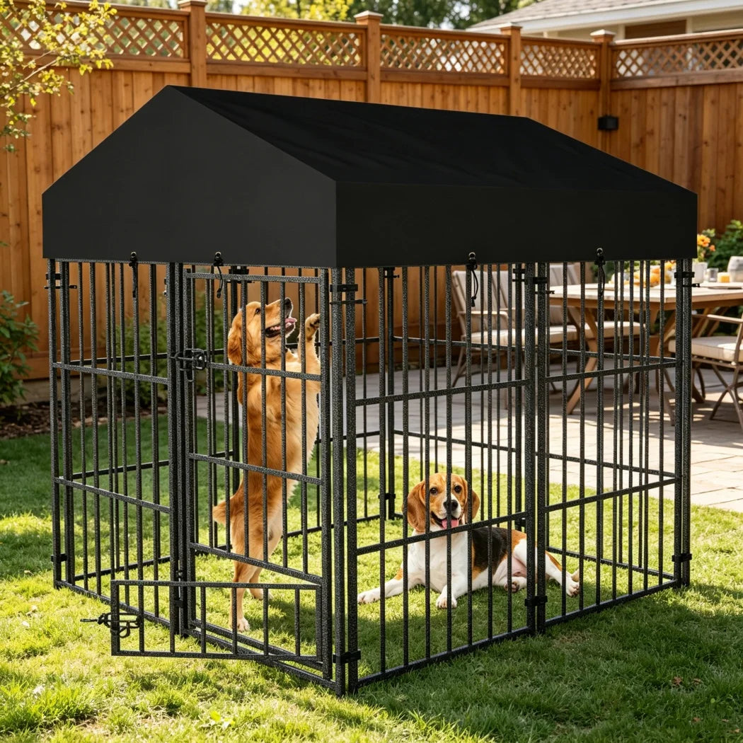 Borwart Heavy Duty Metal Dog Kennel With Covered Outdoor Indoor Run