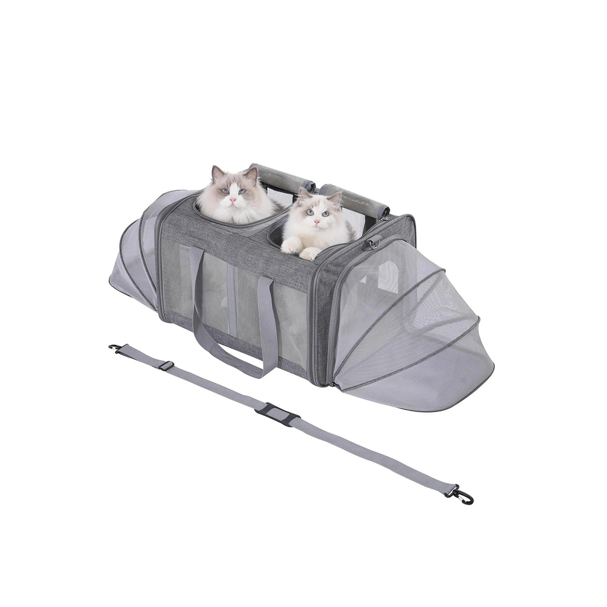 Expandable Double Pet Carrier for 2 Cats or Small Dogs - Soft-Sided Large Travel Bag with Dual Expandable Panels - Removable Divider, Collapsible Breathable Polyester - Grey