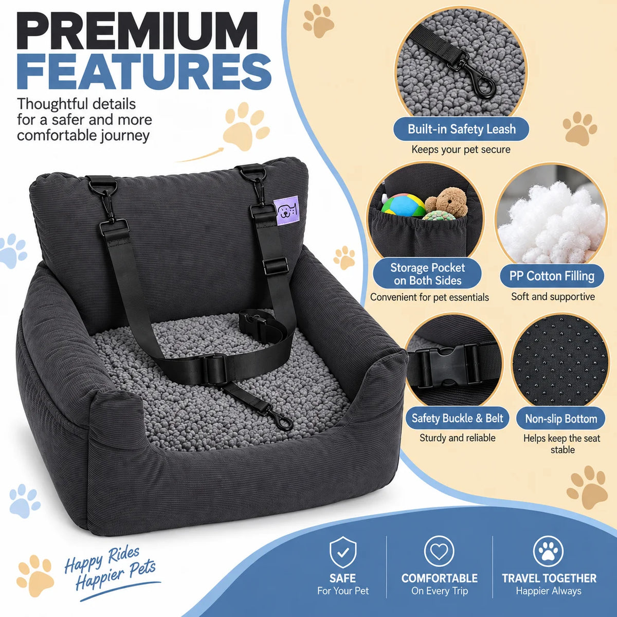 Wild Mirth Dog  Booster Car Seat & Portable Dog Bed, Portable & Washable, Anti-Slip Bottom, Storage Pockets, Safety Clip & Straps