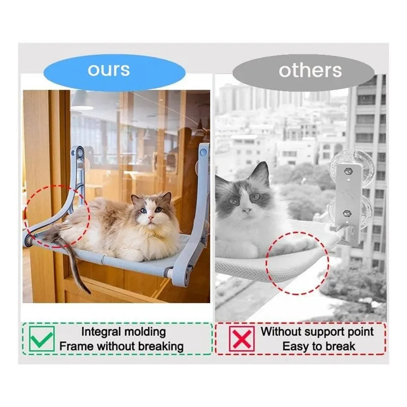 1Pc Blue Cordless Cat Window Perch Hammock with 4 Strong Suction Cups Sturdy Frame Soft Removable Double Fabric Cushion Cover Safe Comfort Window Bed for Indoor Cats