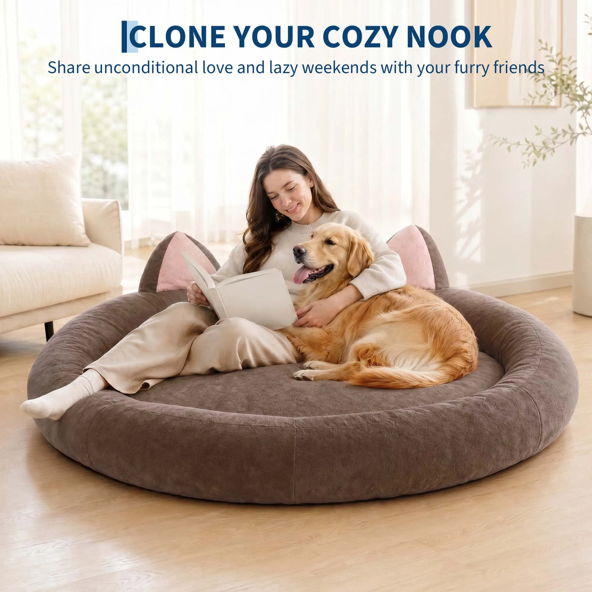 9.8" Round Dog Bed XXL Extra Large Thick Pet Couch Memory Foam Pet Couch for Large & Senior Dogs Supportive Bolster Design Brown Grey