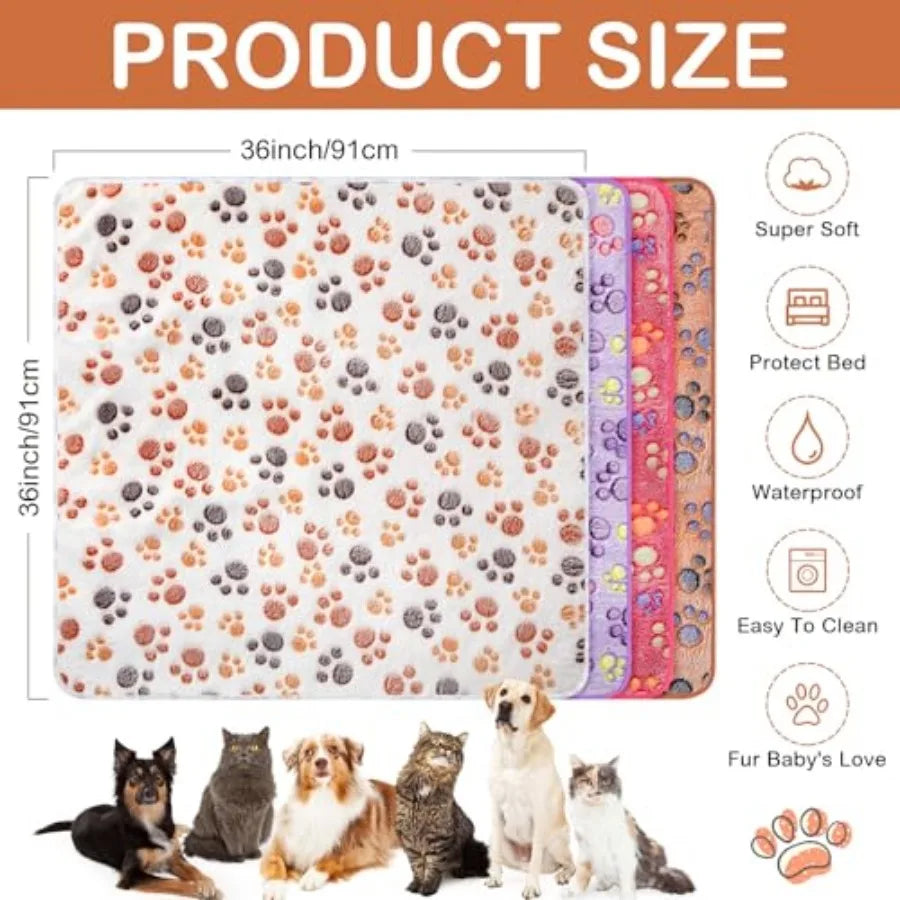 4 Pcs Waterproof Dog Blankets Washable Puppy Paw Print Fleece Blanket for Small Medium Pet Cat Whelping Warm Soft Sleep Mat Gui