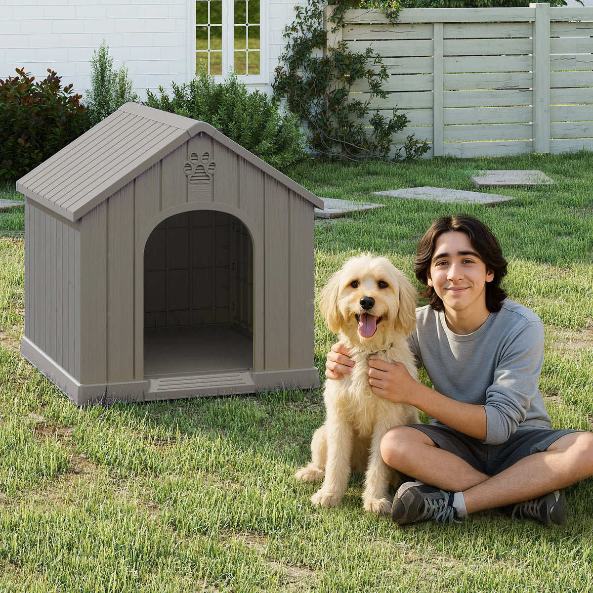 Outdoor Weather‑Resistant Plastic Dog House, Waterproof Ventilated Dog Kennel with Decorative Door Pattern for Backyard Garden Patio