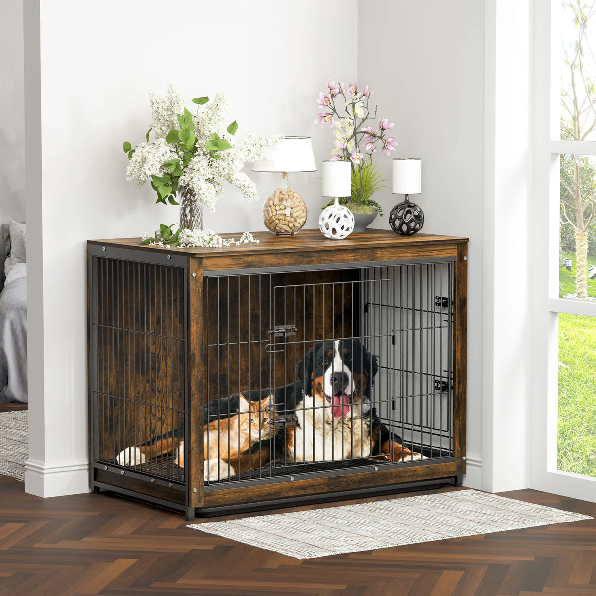 BINGOPAW Two Door Pet Cage With Wooden End Table Design