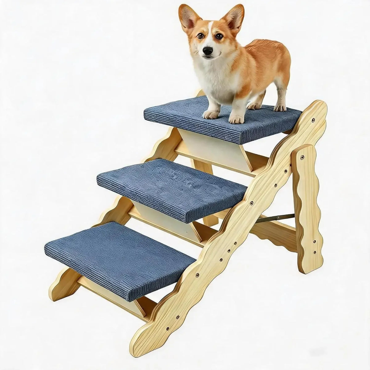 Garvee 2 in 1 3-Step Wooden Dog Stairs for Bed, Couch, Car Non-Slip Pet Steps for Dogs Puppy Ramp Folds Flat Perfect for Medium and Small Dogs Cats Holds 150 lbs