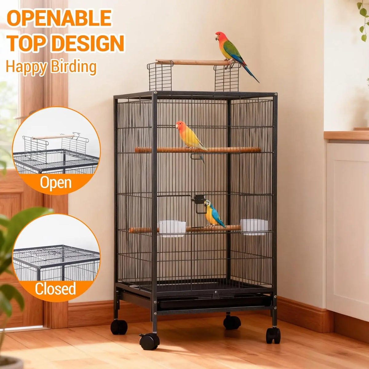 Studyset Stainless Steel Bird Cage With Rolling Stand And Feeder