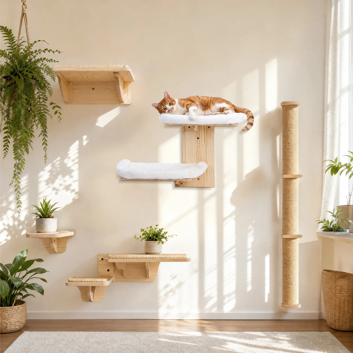 Solid Wood Wall Mounted Cat Bed With Washable Cushion Heavy Duty Hanging Cat Shelf Easy Install Corner Wall Furniture For Indoor Cats