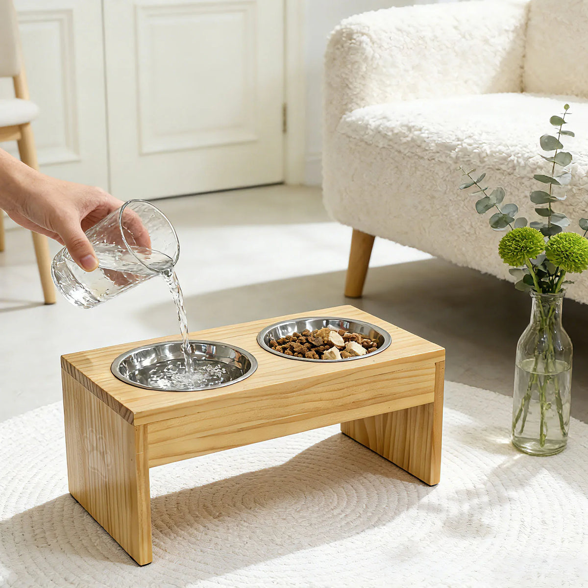 Wooden Elevated Dog Bowls With Stainless Steel Double Bowls