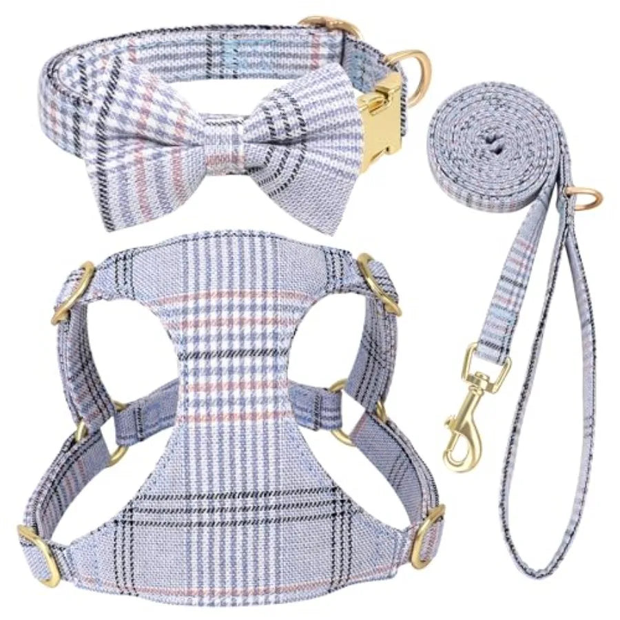 Adjustable Dog Harness Collar And Leash Set With Bowtie