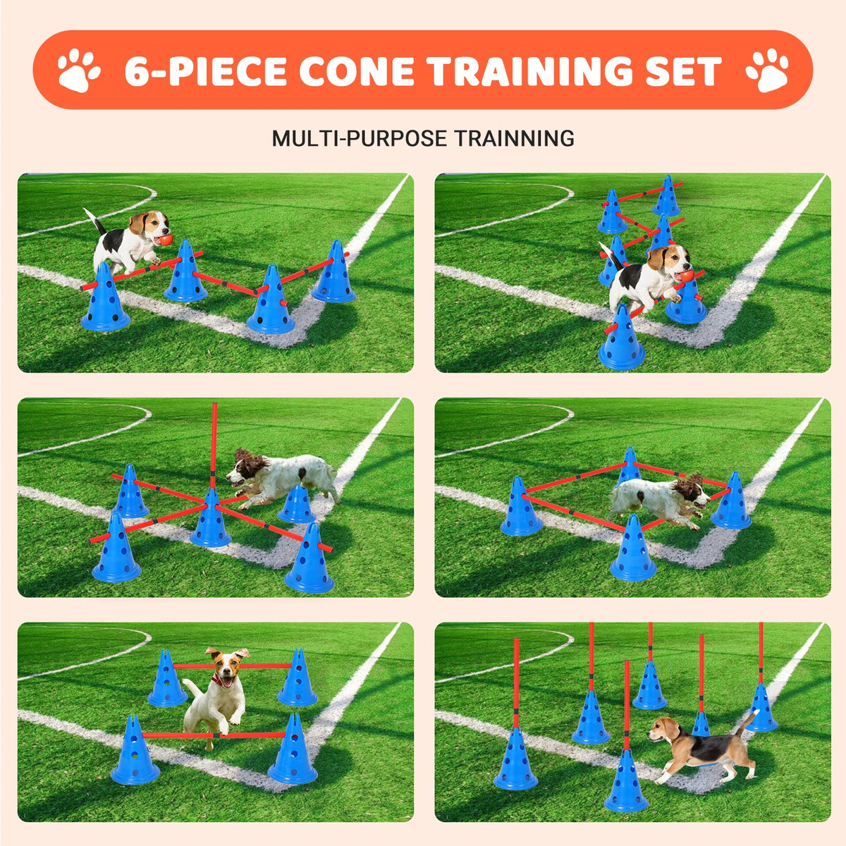 Dog Agility Hurdle Cone Set — 12 Cones & 6 Rods, Adjustable Height, Adjustable 4-Level Heights for Beginner to Advanced Jumpers, Includes 12 Cones & 6 Rods in a Carry Bag, Use Indoors & Outdoors