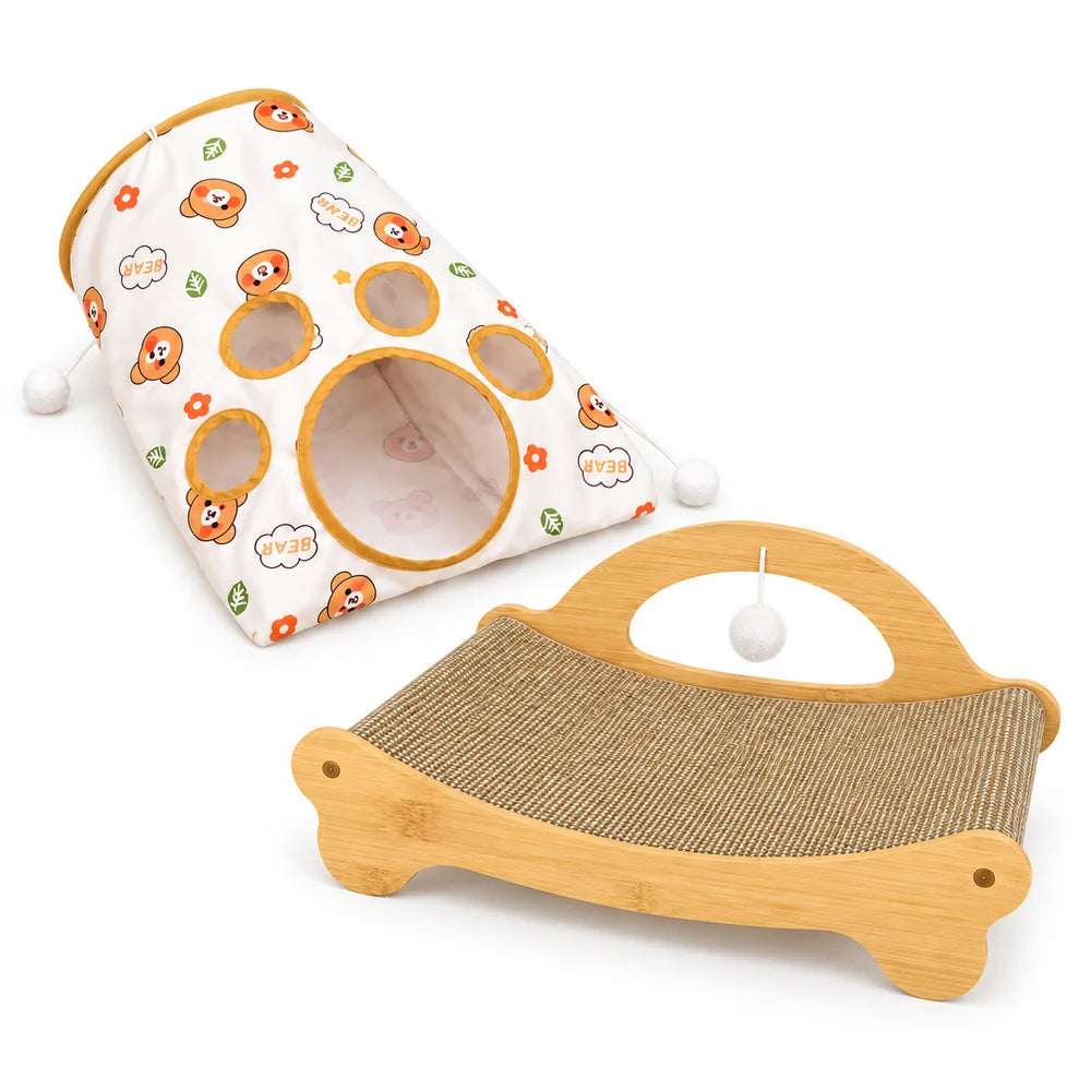 Zoe Cat Scratcher Lounger With Crinkle Tunnel Play Sack Jute And Sisal Blend Scratching Bed With Hanging Toys Foldable Cat Hideaway For Indoor Cats Resting Interactive Play And Hide And Seek
