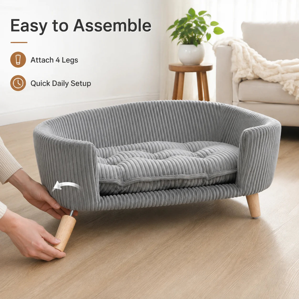 Elevated Corduroy Pet Sofa Bed With Rubber Wood Legs