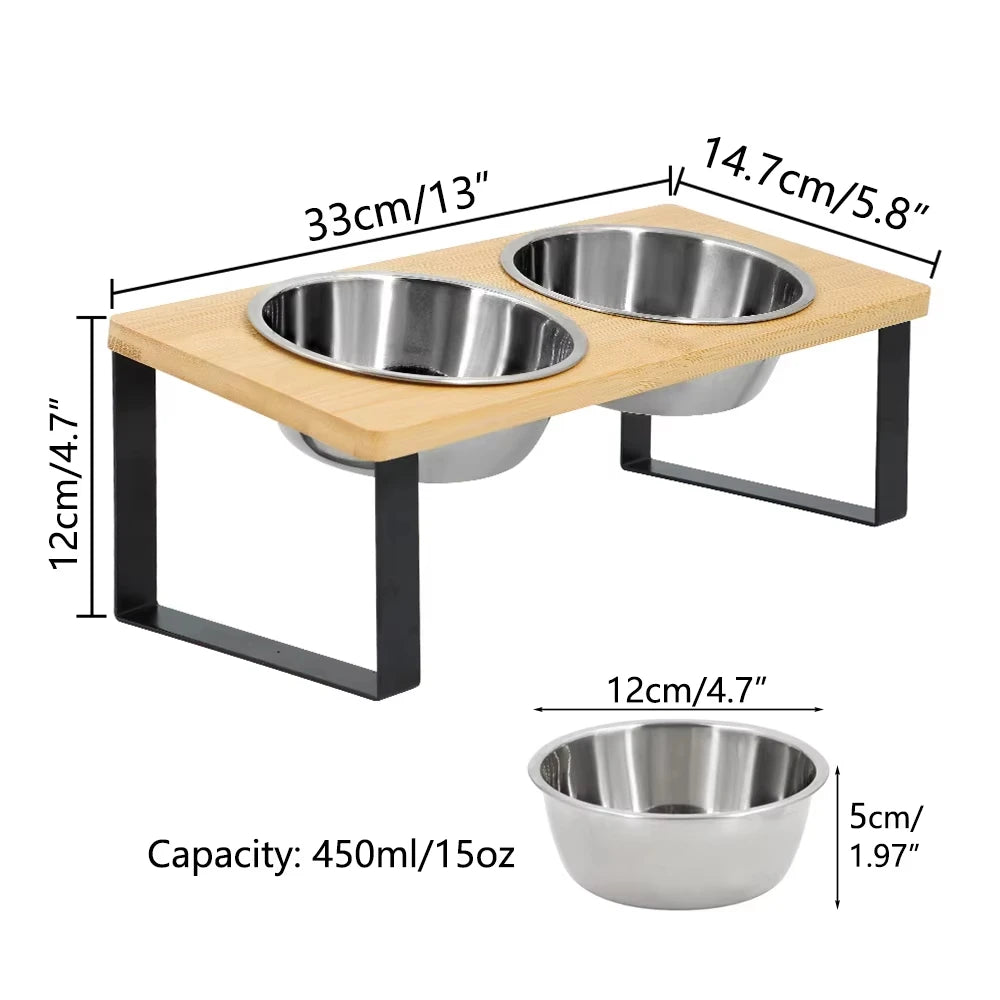 Stainless Steel Elevated Cat Food Bowl Set With Wooden Stand