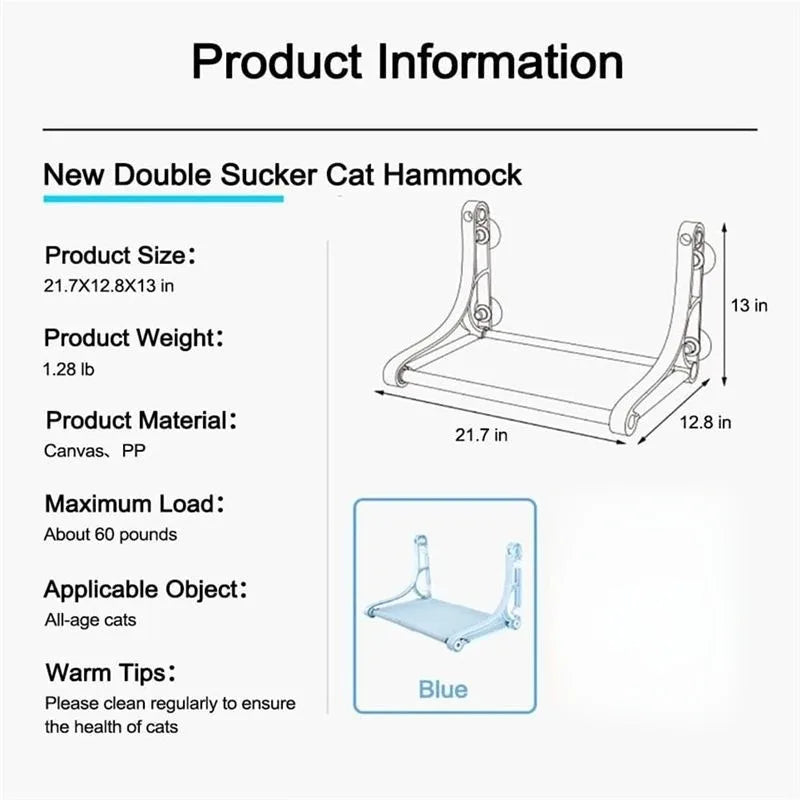 1Pc Blue Cordless Cat Window Perch Hammock with 4 Strong Suction Cups Sturdy Frame Soft Removable Double Fabric Cushion Cover Safe Comfort Window Bed for Indoor Cats
