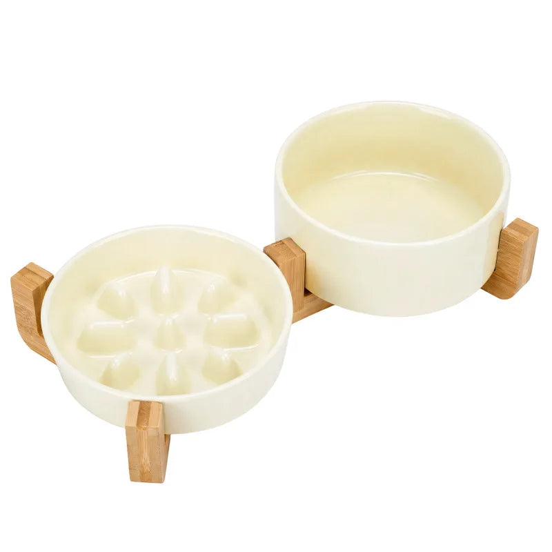 Elevated Ceramic Dog Bowls with Wooden Stand for Small To Medium Sized Dogs, Slow Feeder and Water Bowl Set, Dishwasher Safe, Non Slip Raised Pet Feeding Station, Cream White