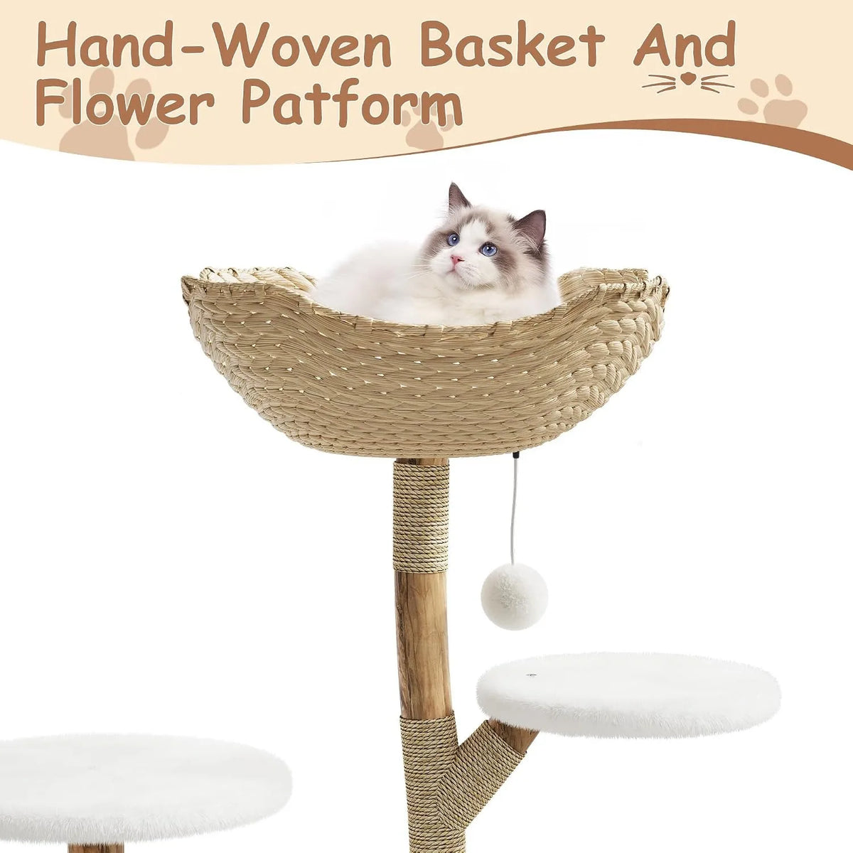 Wooden Cat Tree Tower With Rattan Perches Activity Center