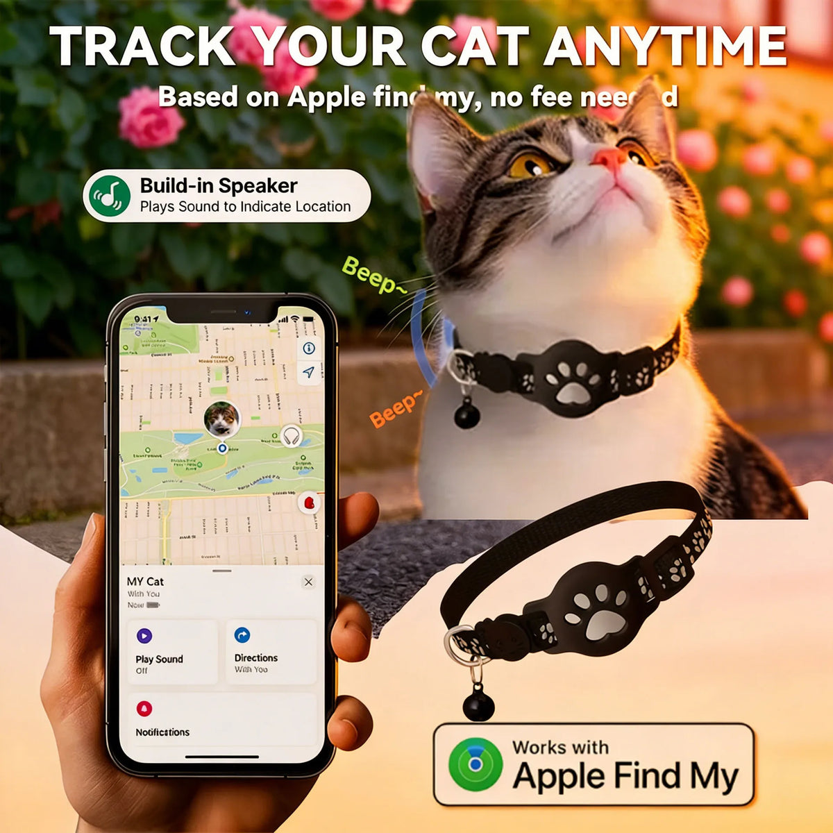 AirTag Cat Collar Reflective Paw Pattern Fit iOS Android System Quick Release Buckle Waterproof Anti-Lost Collar for Small Cats