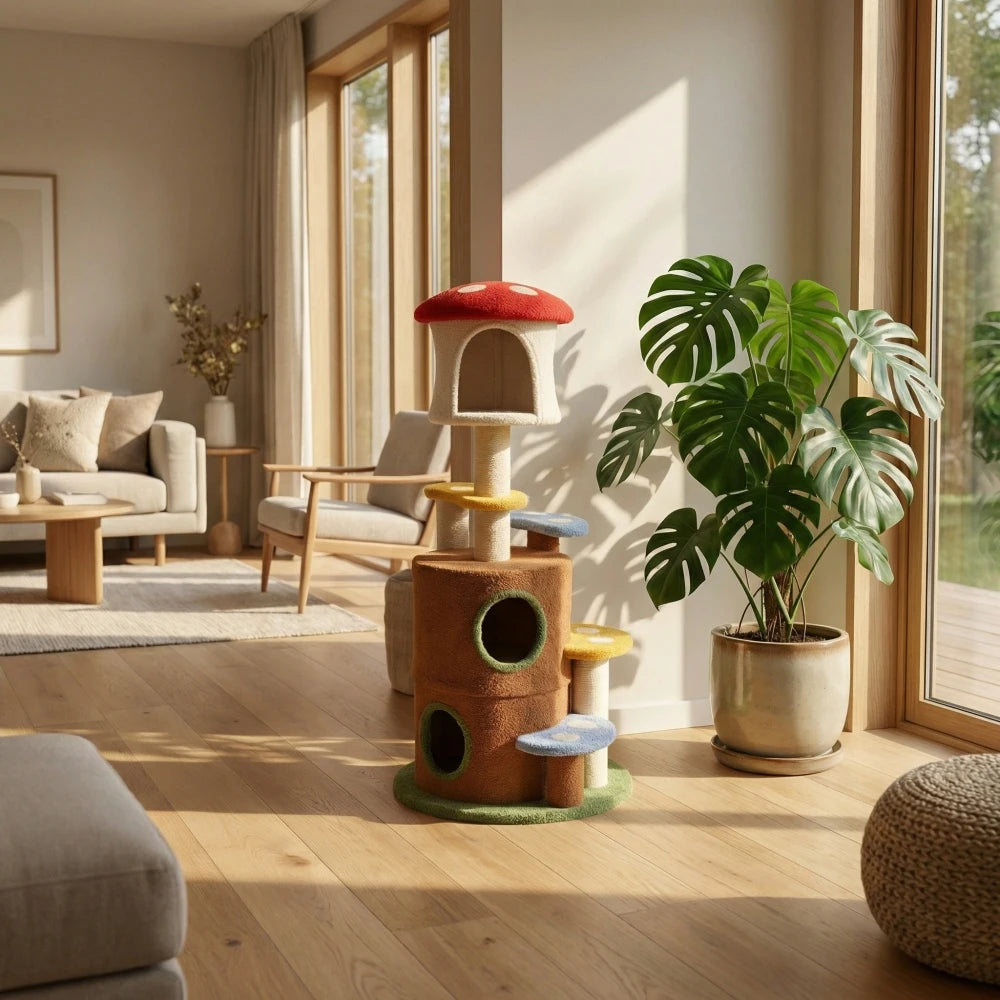 Mushroom Cat Tree Multi Level Indoor Cat Tower with Sisal Scratching Posts Cozy Condo and Plush Platforms for Climbing