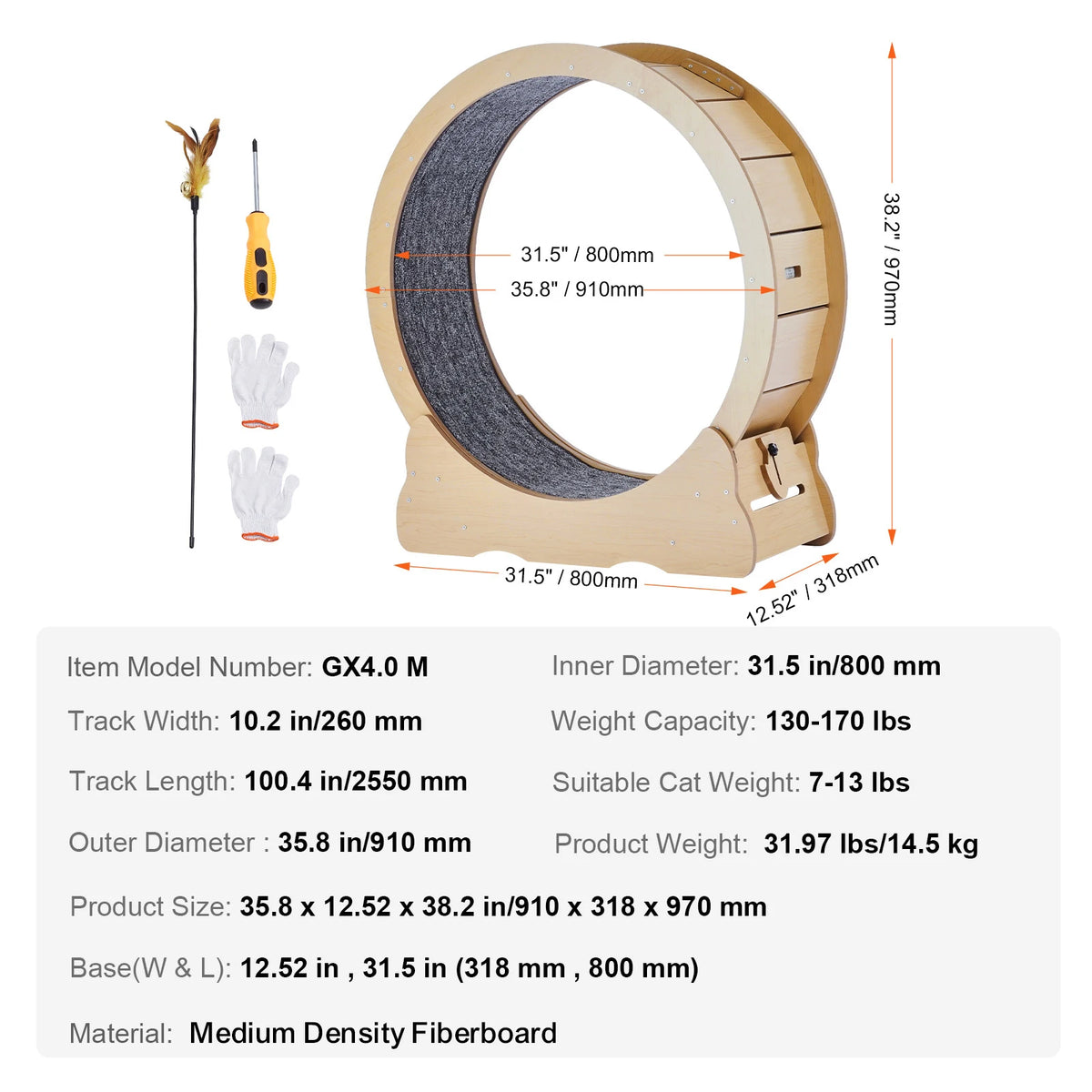 Premium Wooden Cat Treadmill Wheel With Removable Carpet Surface