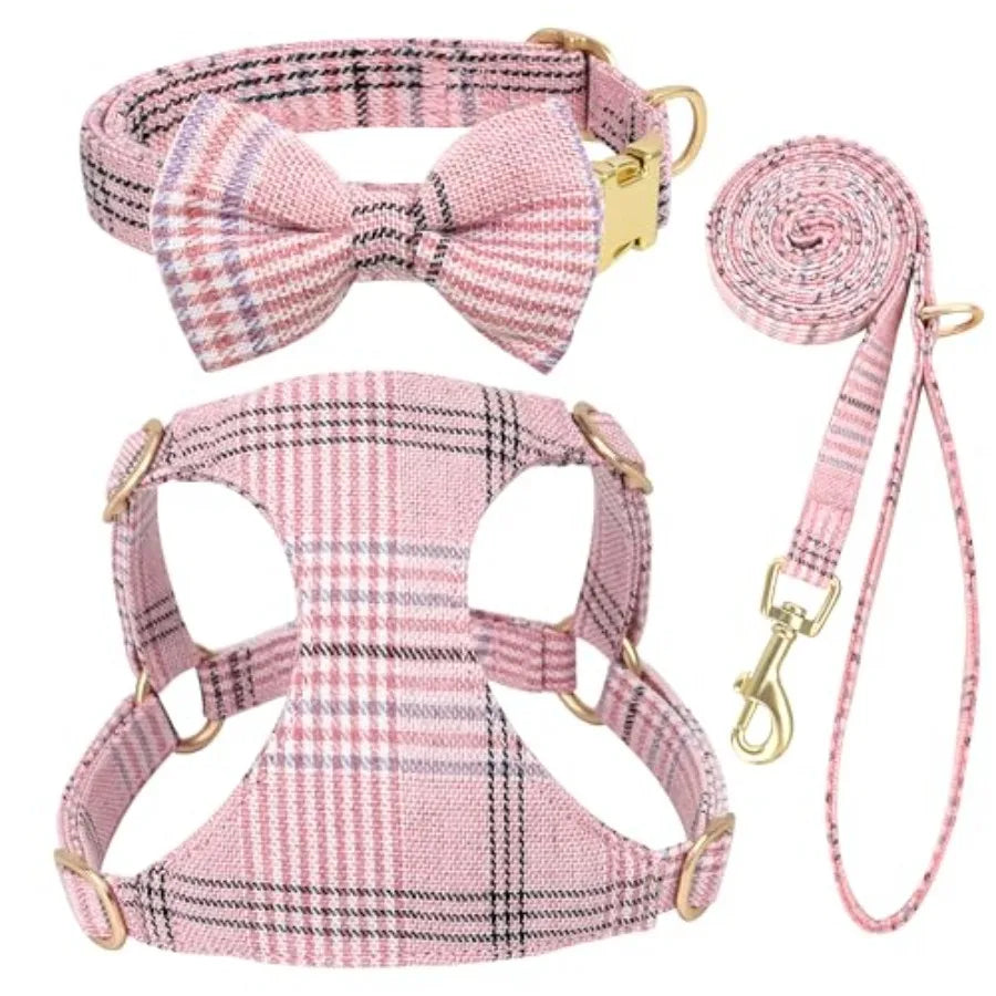 Adjustable Dog Harness Collar And Leash Set With Bowtie