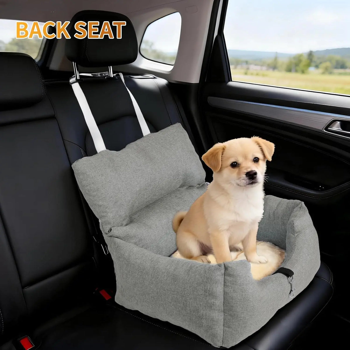 Elevated Dog Booster Car Seat Bed, Grey, 60x45x50 cm, Small Dogs up to 18 lb, Portable Travel Seat with Safety Tether, Washable Reversible Cushion Front/Back Seat