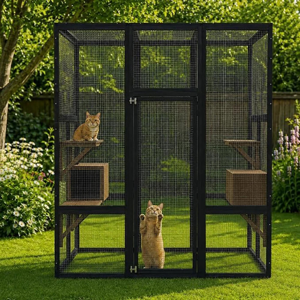 70" Walk-in Outdoor Catio with Window Access, Bridge & Cat House for Cats