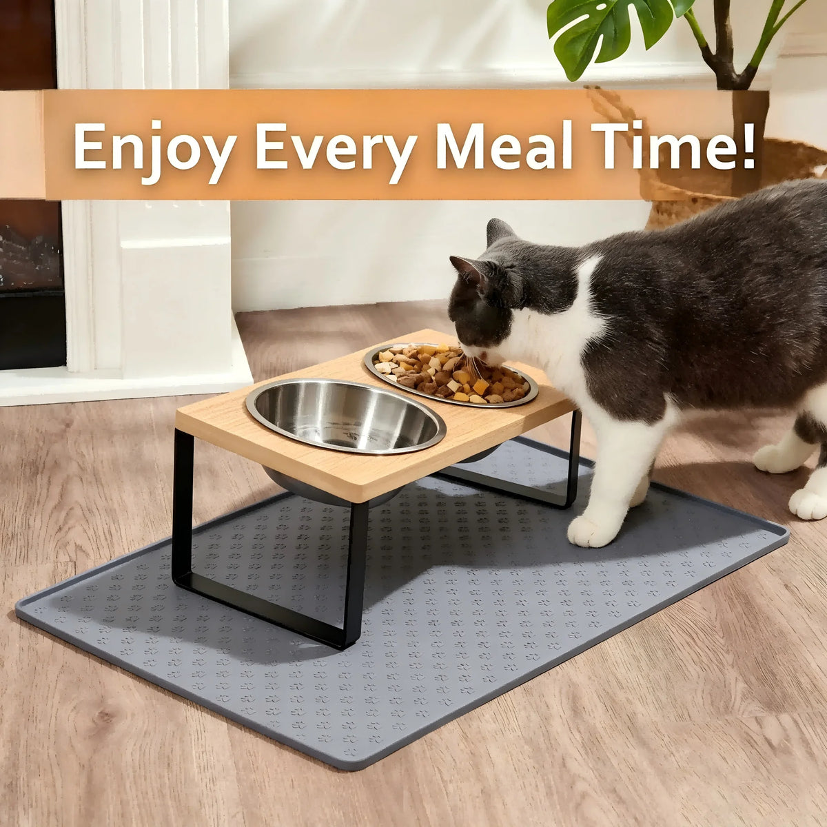 Stainless Steel Elevated Cat Food Bowl Set With Wooden Stand