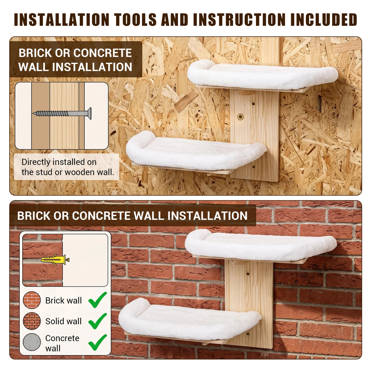 Solid Wood Wall Mounted Cat Bed With Washable Cushion Heavy Duty Hanging Cat Shelf Easy Install Corner Wall Furniture For Indoor Cats