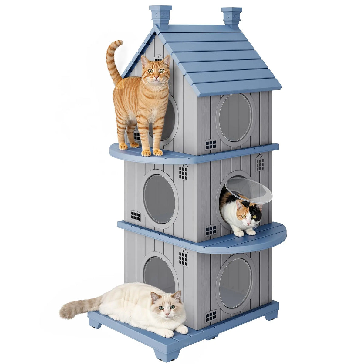 Outdoor Cat House Weatherproof, Durable Resin Cat Houses for Outdoor Indoor Cats, Litter Box Enclosure with Elevated Base, Anti-Slip Pad, Ventilation, Three-Story, Taupe Grey