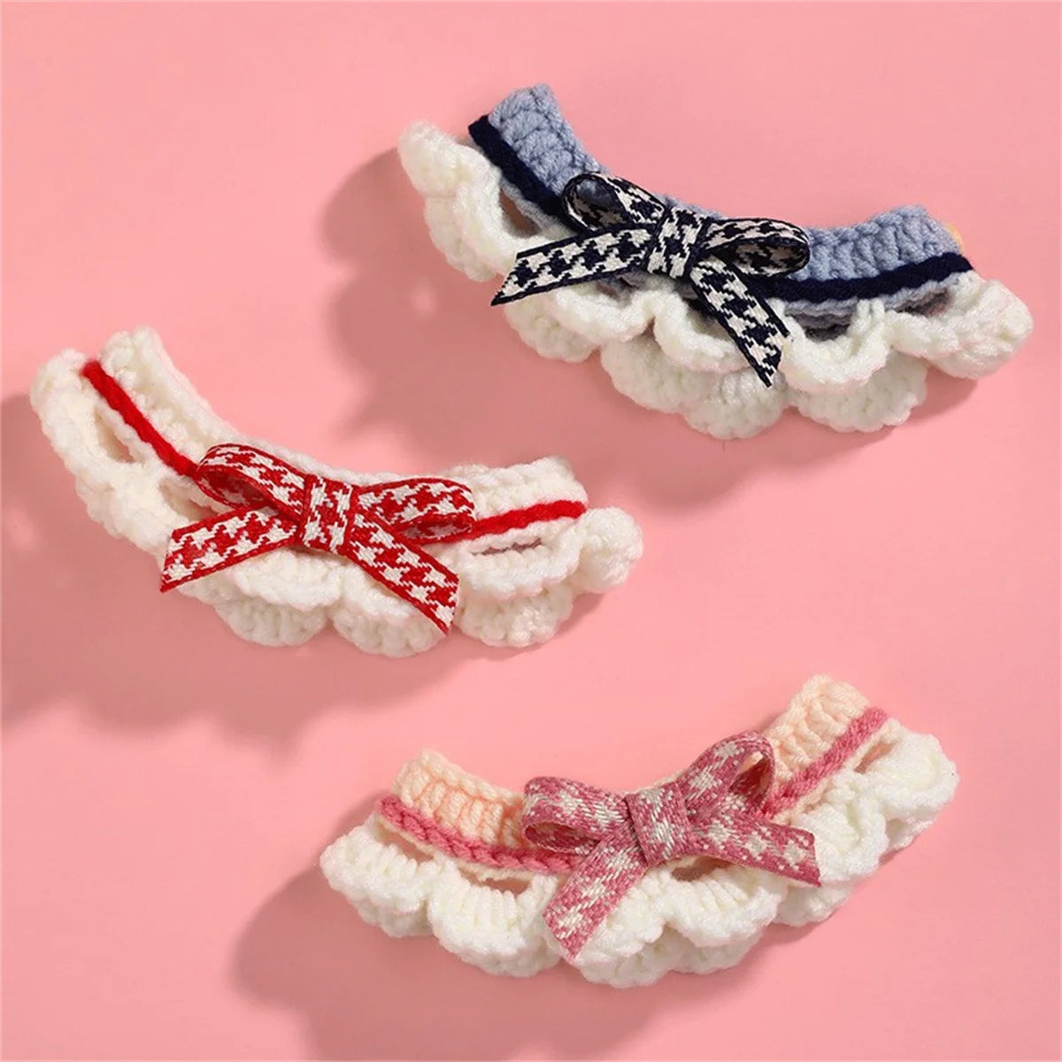 Adjustable Knitted Bowknot Collar For Puppies With Lace Decoration