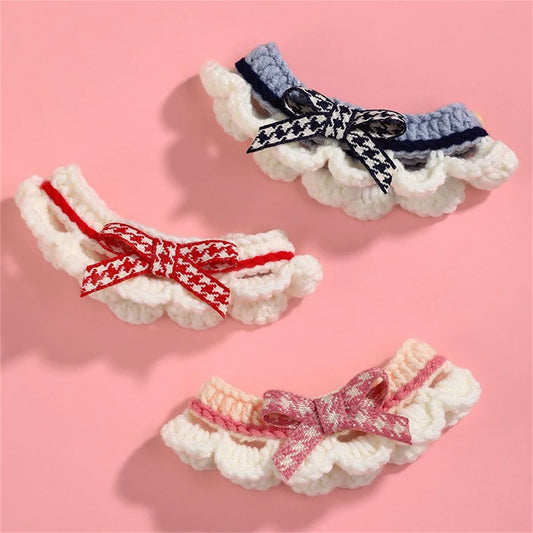 Adjustable Knitted Bowknot Collar For Puppies With Lace Decoration