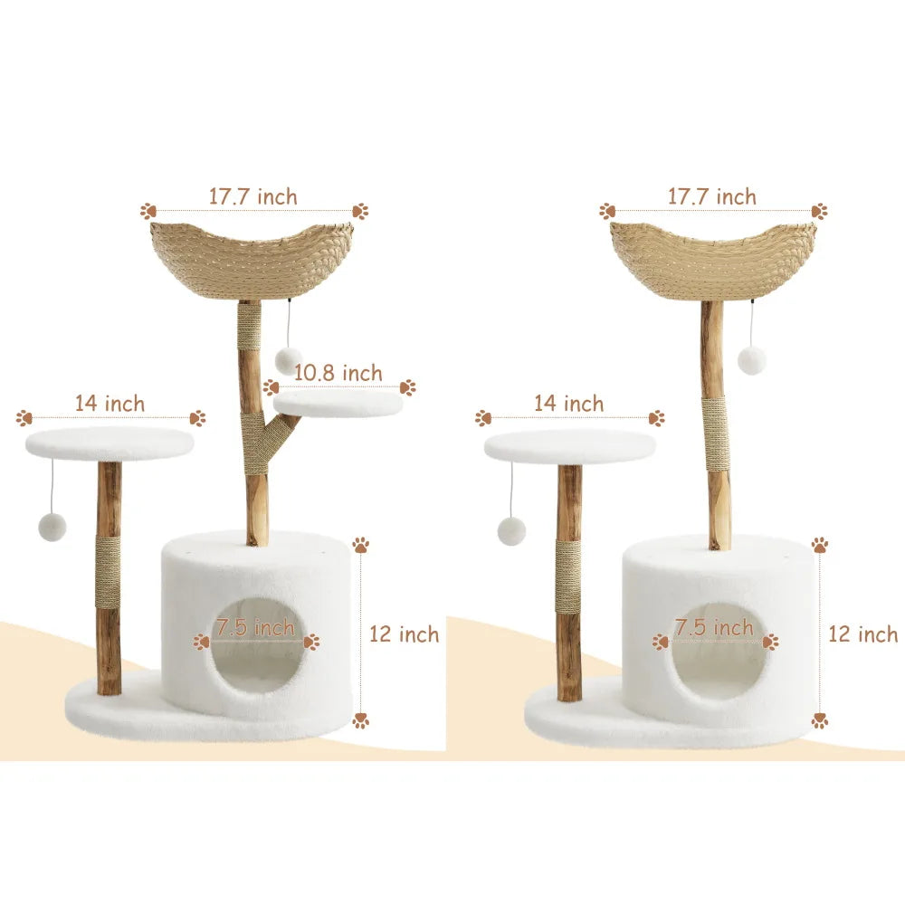Wooden Cat Tree Tower With Rattan Perches Activity Center