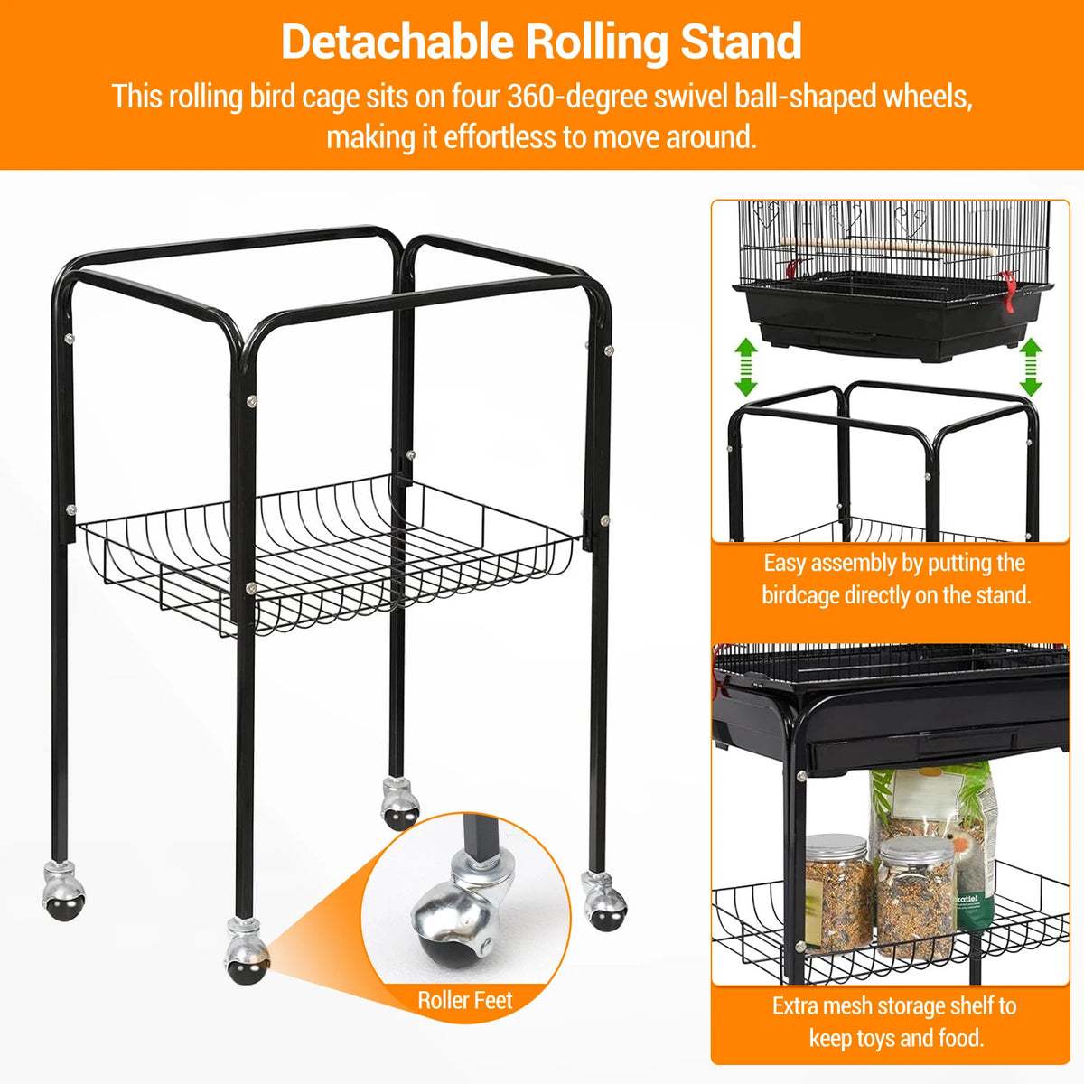 HiMISS Large Bird Cage With Rolling Stand And Storage Shelf