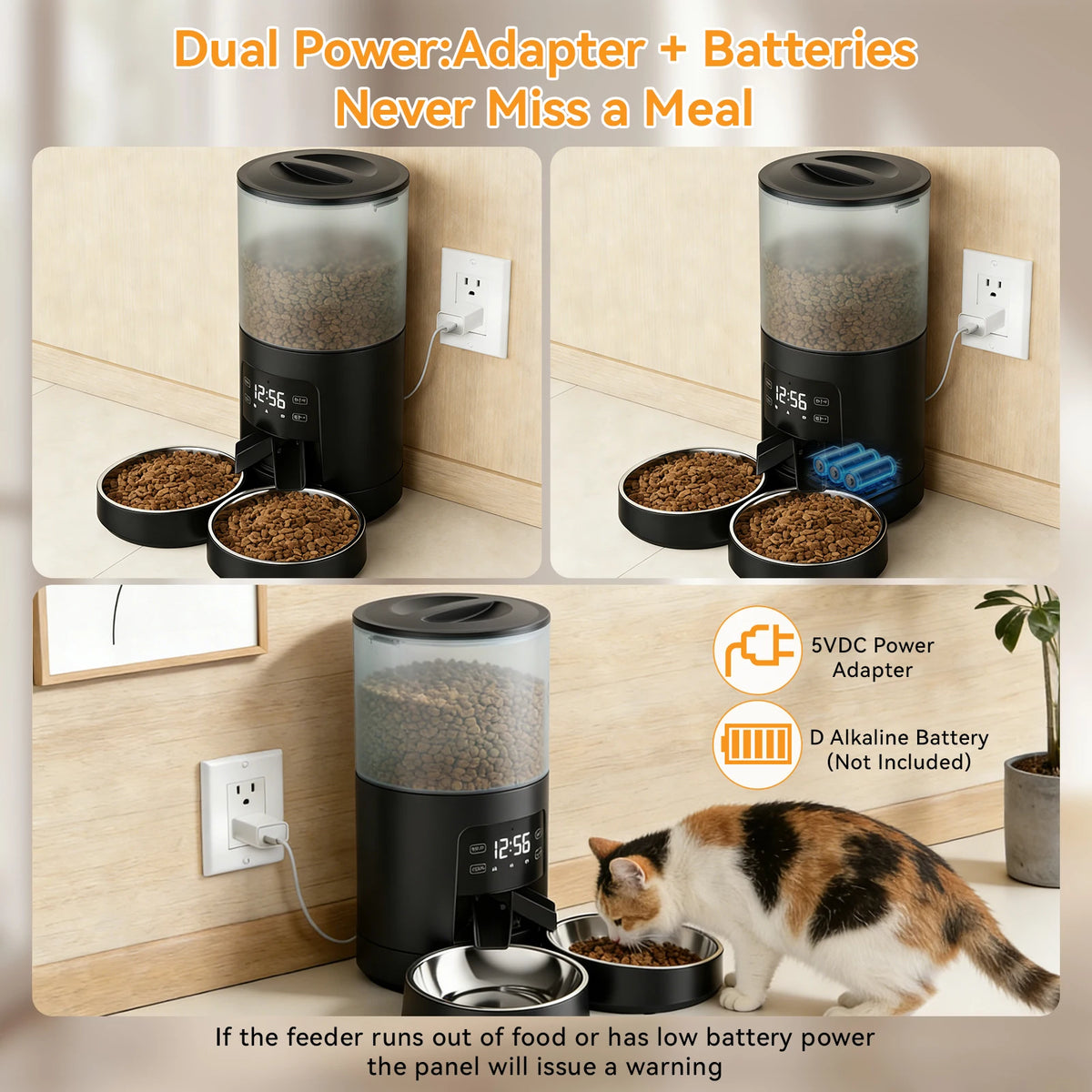 JHK Automatic Cat Feeder With Dual Stainless Bowls Timed Feeding