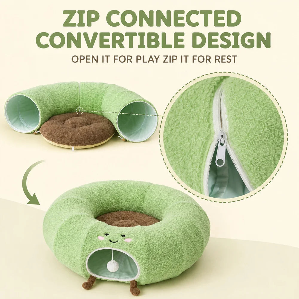 Convertible Cat Tunnel Bed With Plush Donut Cushion Play Hideaway