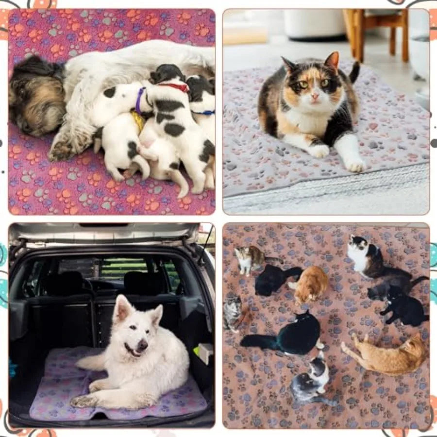 4 Pcs Waterproof Dog Blankets Washable Puppy Paw Print Fleece Blanket for Small Medium Pet Cat Whelping Warm Soft Sleep Mat Gui