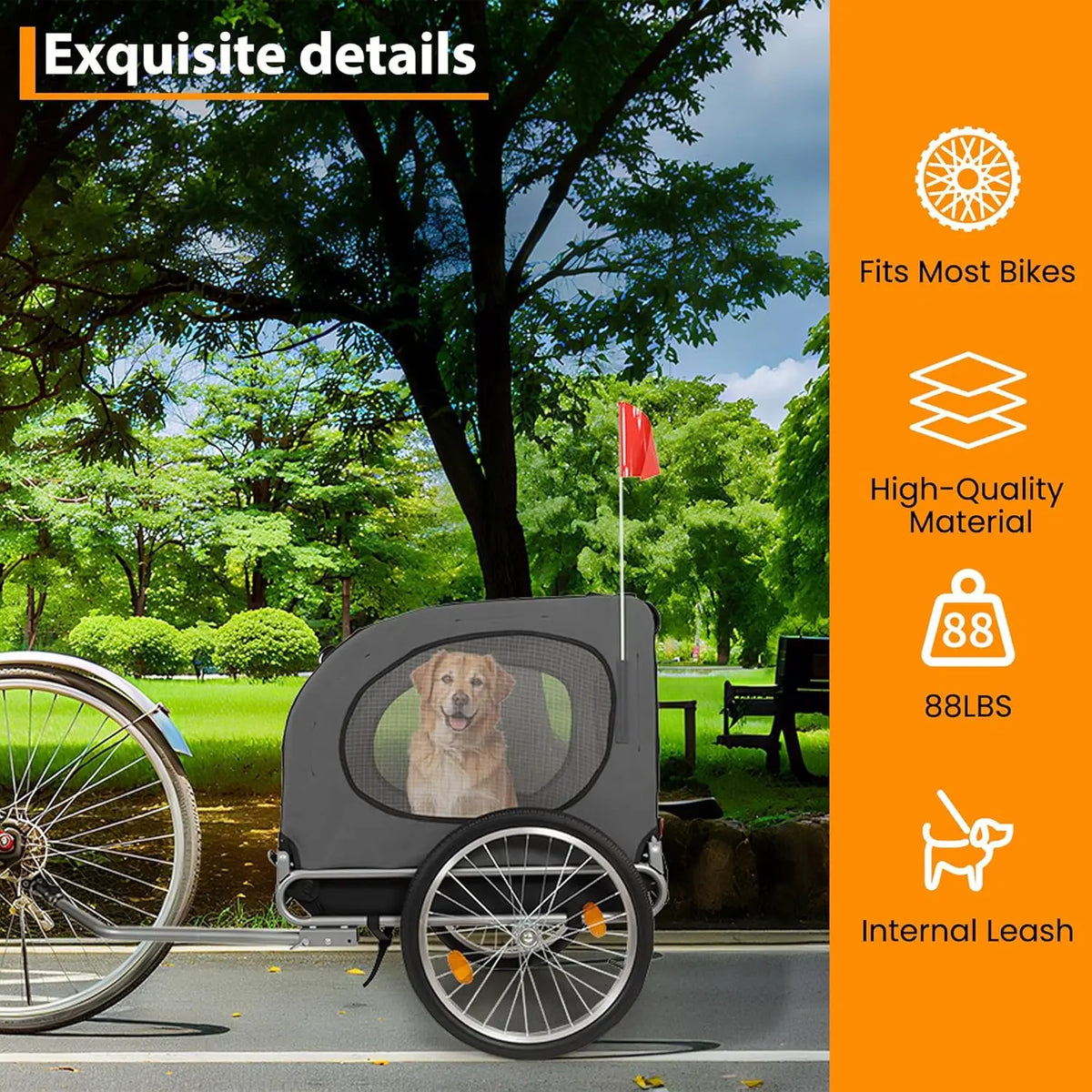 Dog Bike Trailer & Jogging Stroller, Collapsible Frame for Medium/Large Dogs up to 88lbs - Ventilated, Waterproof, Quick-Release Aluminum Wheels, Compatible Hitch