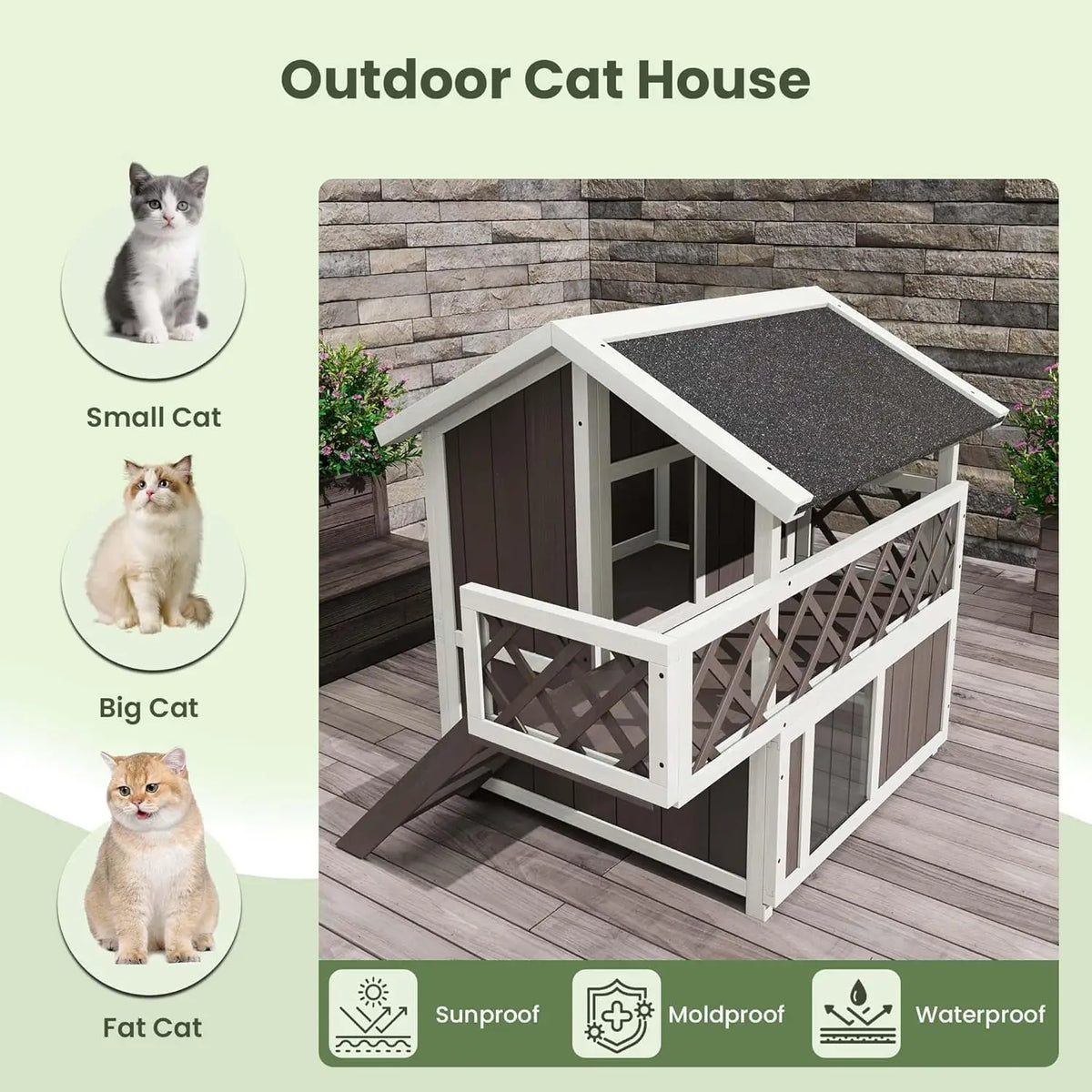 Wooden 2-Level Cat House Outdoor Indoor Weatherproof Shelter With Shade Balcony Side Stairs Guardrails Raised Floor For Cats