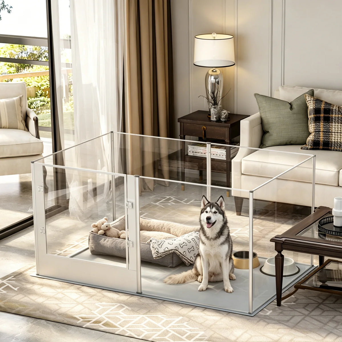 Large Acrylic Dog Playpen Fence for Indoor, Pet Kennels Crate Whelping Box with Waterproof Mat Dog Fences Exercise Pens, 6 Panel