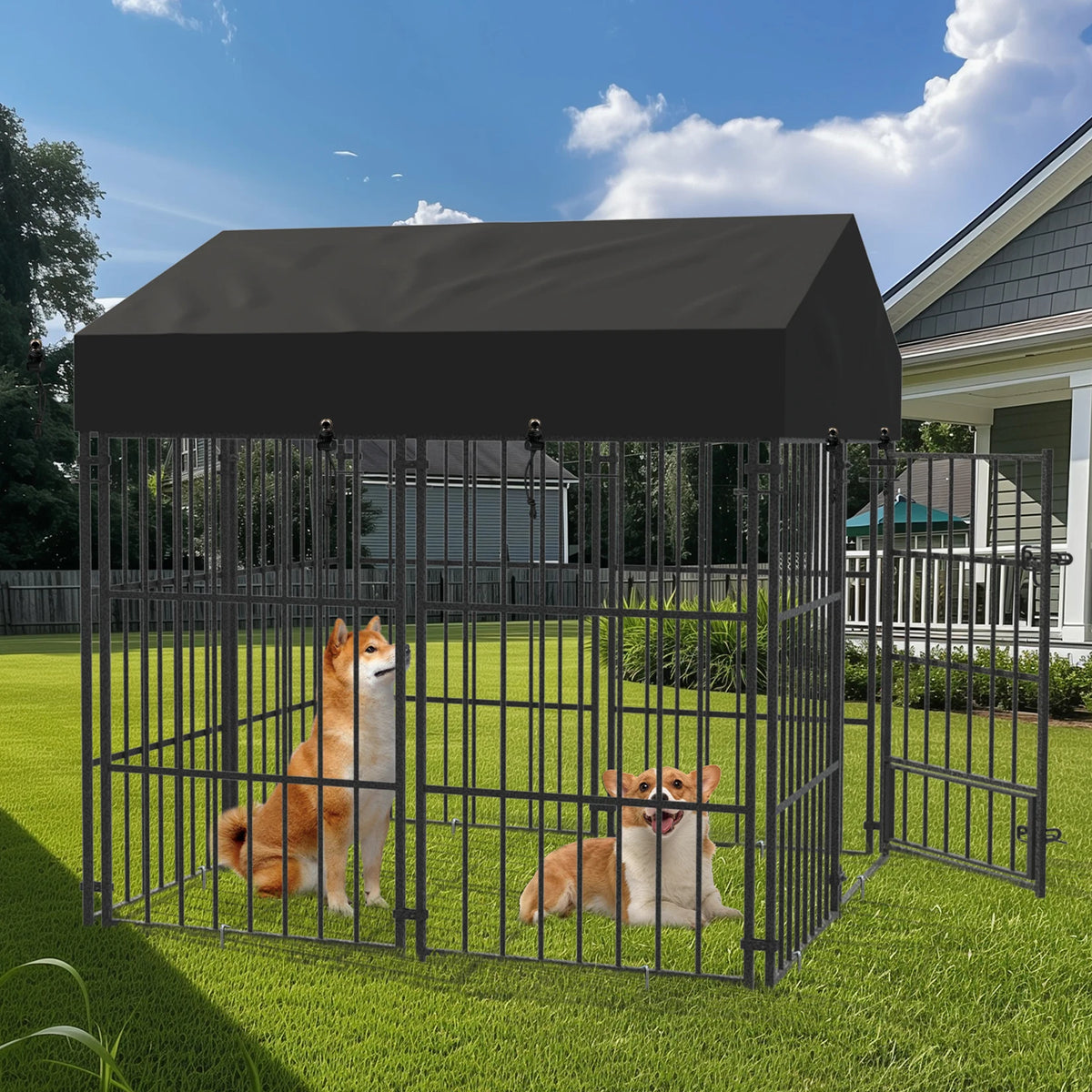 Borwart Heavy Duty Metal Dog Kennel With Covered Outdoor Indoor Run