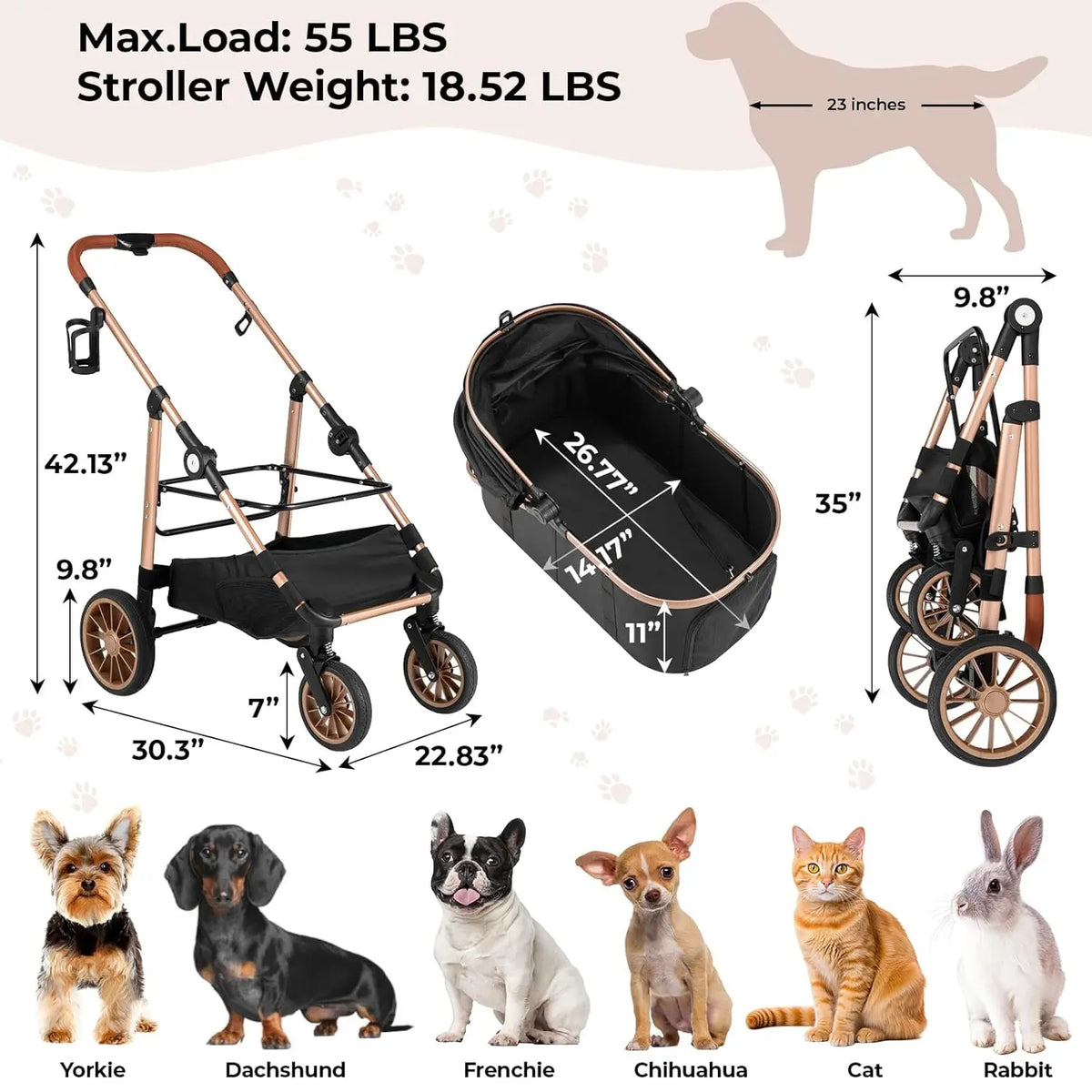 Foldable All Terrain Pet Stroller With Carrier And Basket